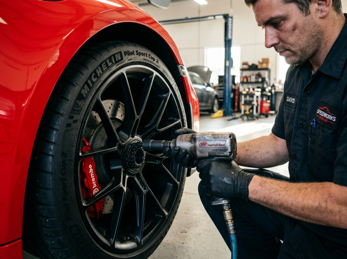 Professional tire installation on custom wheel in Calgary